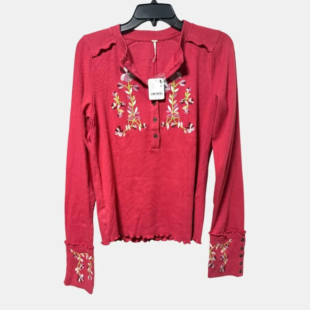 FREE PEOPLE FLEUR EMBROIDERED CUFF HENLEY NWT SIZE L